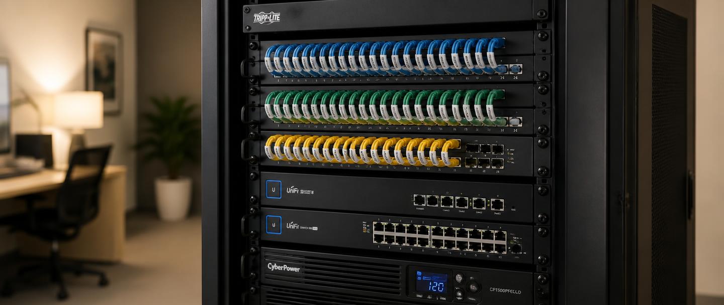 Clean, organized small business server rack with labeled cabling
